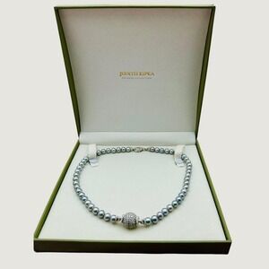 NWB Judith Ripka 92.5 Grey Cultured Pearl Pave CZ Orb Necklace 17" Heart Clasp